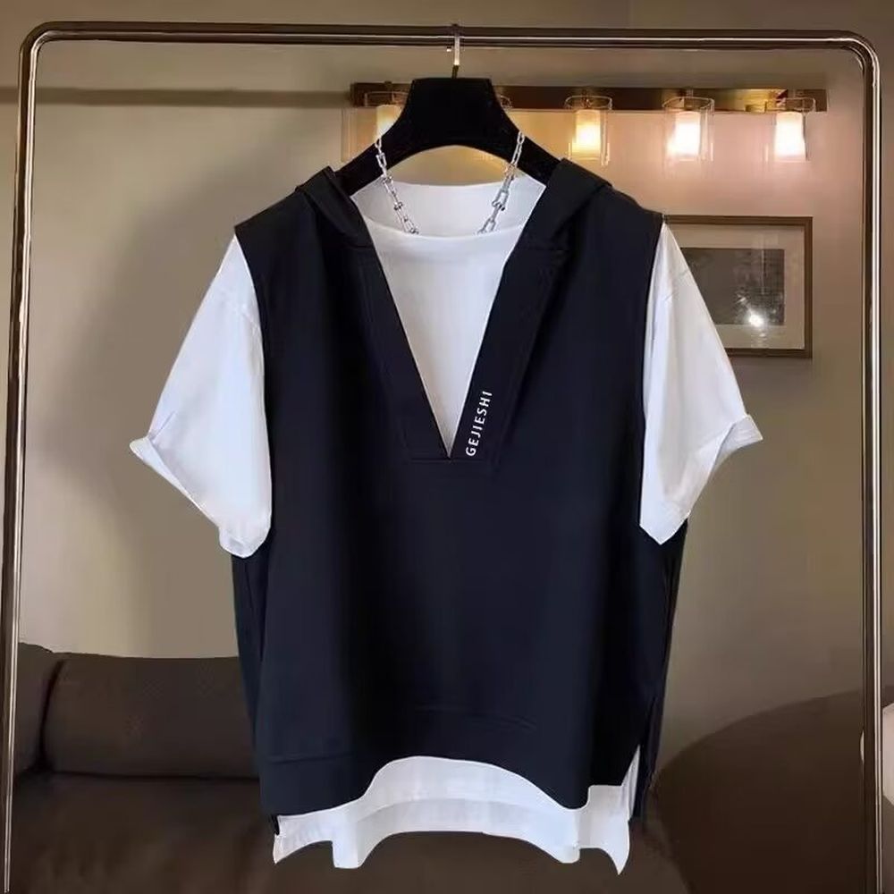 Extra Large Embroidered Hooded Short-Sleeved T-Shirt For Men