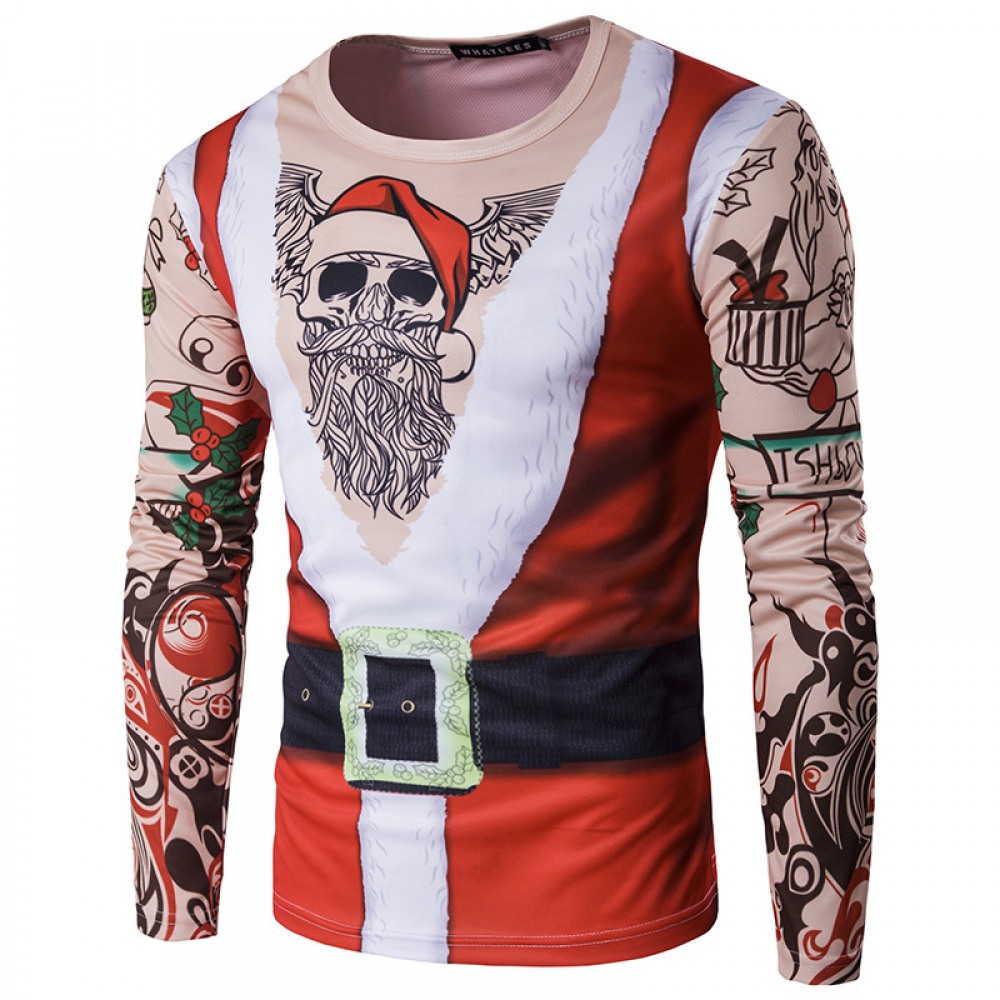 Hot Sale New Men's Personalized Christmas Clothes Santa Claus Round Neck 3D Long Sleeve T-Shirt